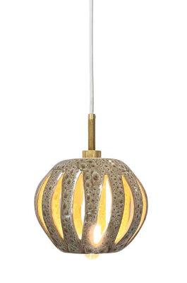 Sphere with cut-outs and a white cord 7 dia x 6“ h sphere, white cord, unfinished brass hardware, 6 dia x 1.25" h canopy