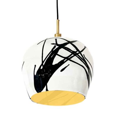 Large Tapered Sphere with black cord 12.75 dia x 10.5“ h tapered sphere, black cord, unfinished brass hardware, 6 dia x 1.25" h canopy